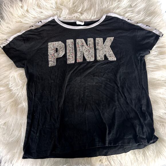 Victoria's Secret Tops - Victoria's Secret PINK Sparkle Bling Black Stars Shirt Size Small